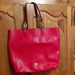 GUC Lauren Ralph Lauren Red Pebbled Leather Tote, Brown Handles, See Note*